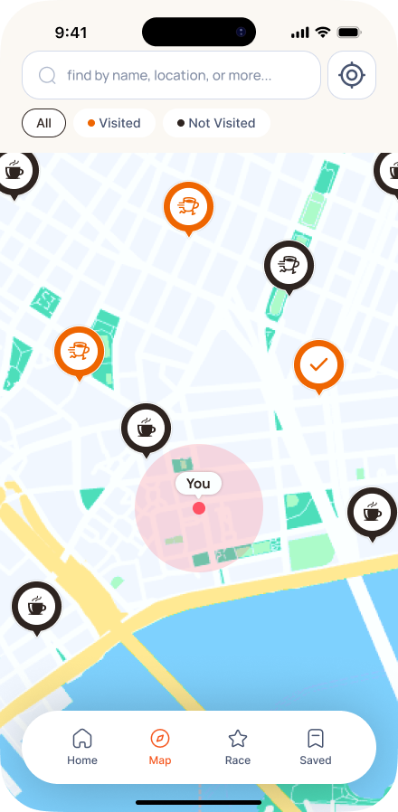 Coffee Run map screen with visited and not-visited coffee shop pins around your location