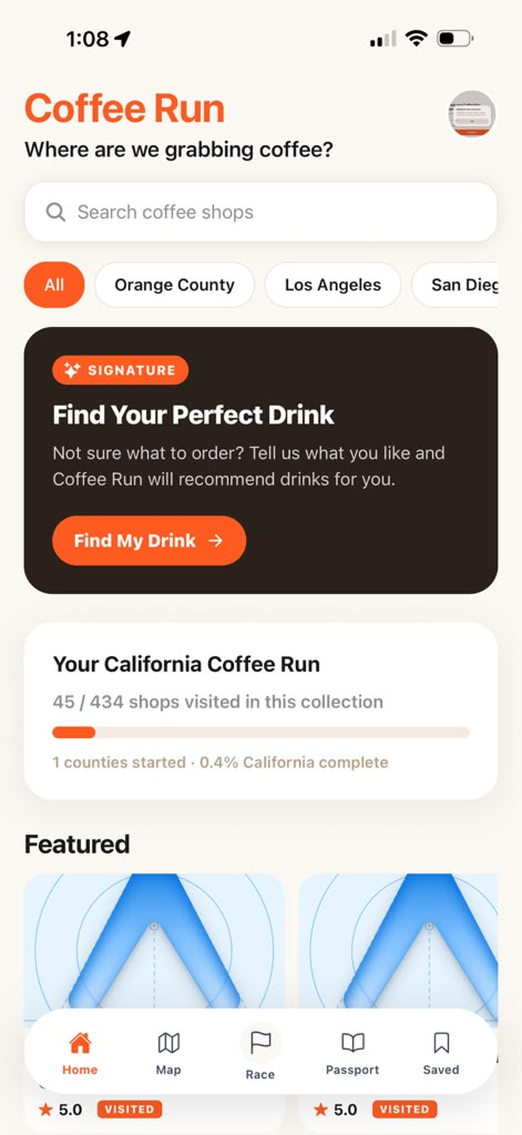 Coffee Run home screen showing search, county filters, and your passport progress